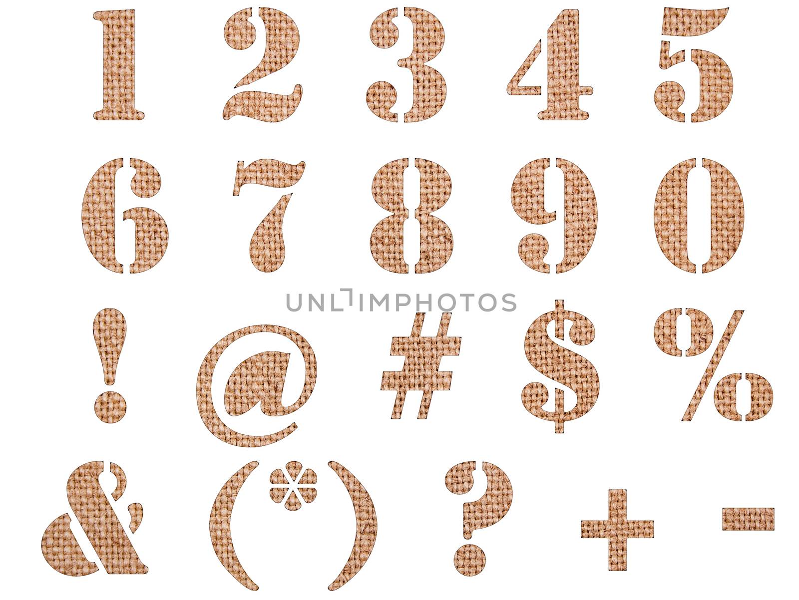 Burlap material textured numbers, signs and symbols isolated on white background.