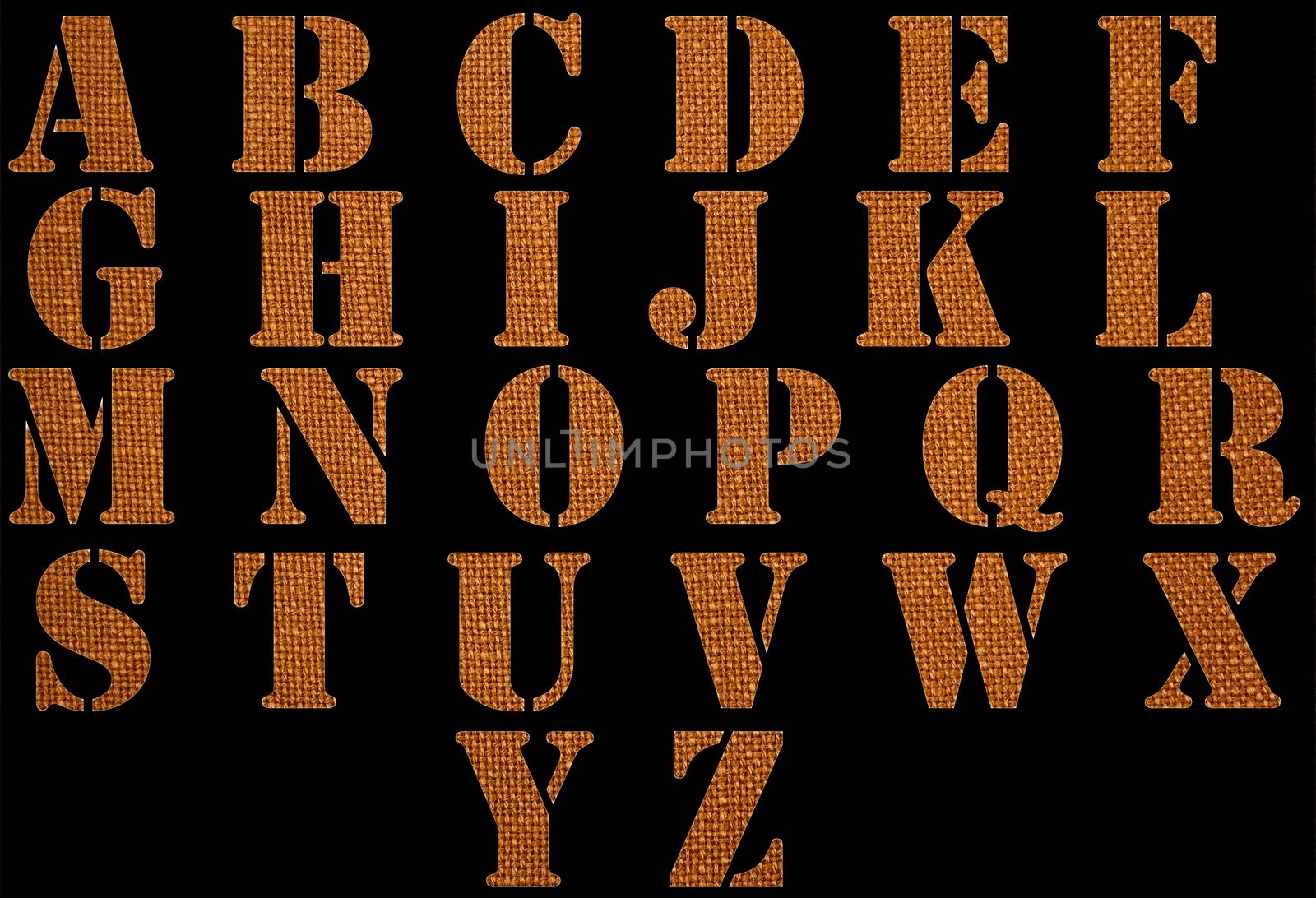Burlap material textured ABC containing letters, numbers isolated on black background.