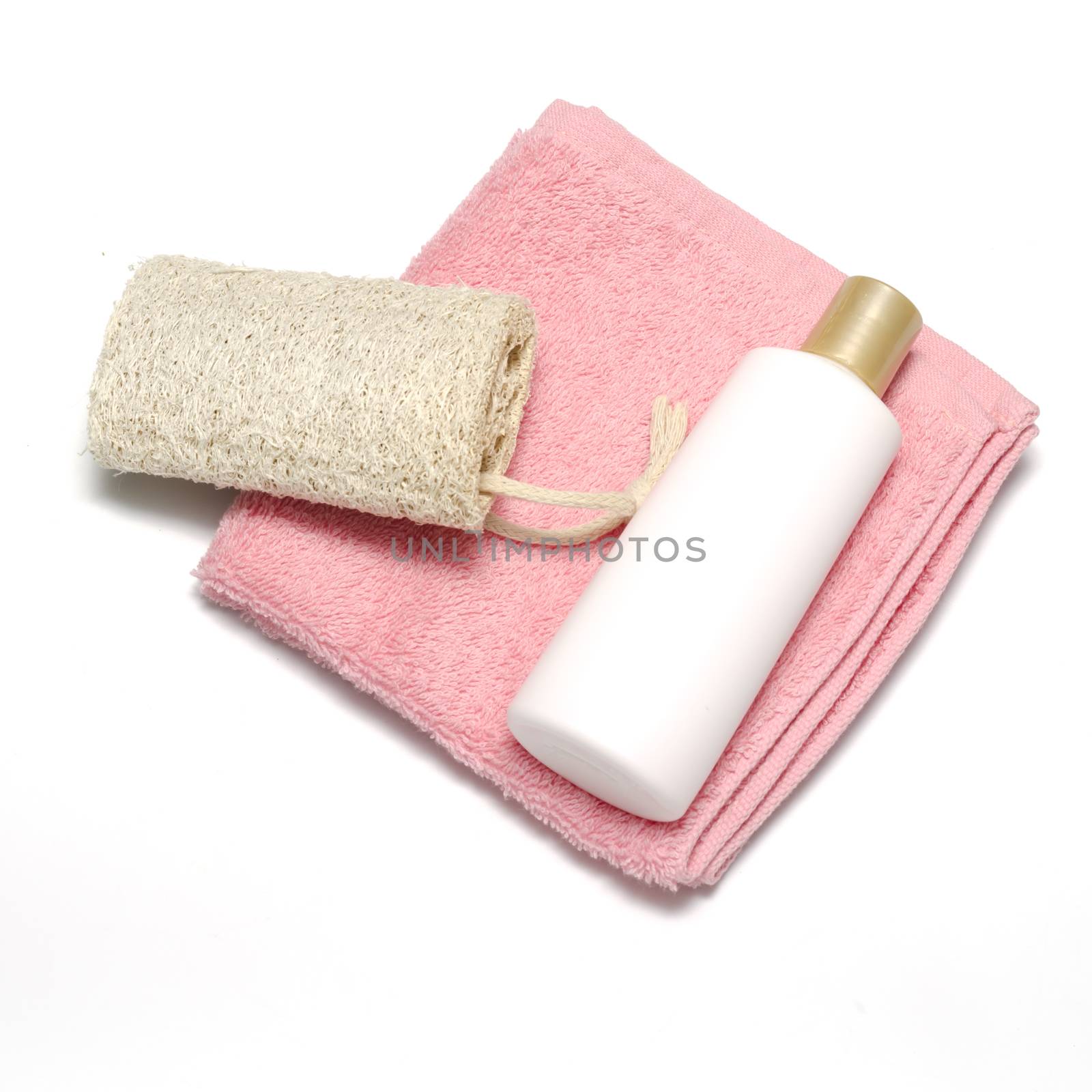 liquid soap loofah and pink towel isolated on a white background