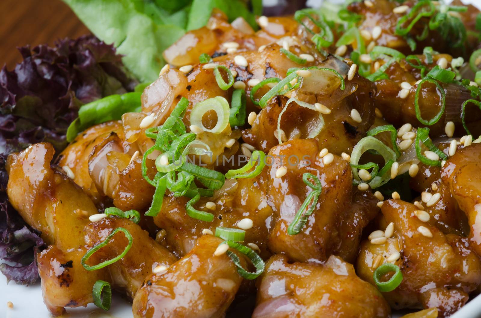 japanese cuisine. fry sauce chicken on background