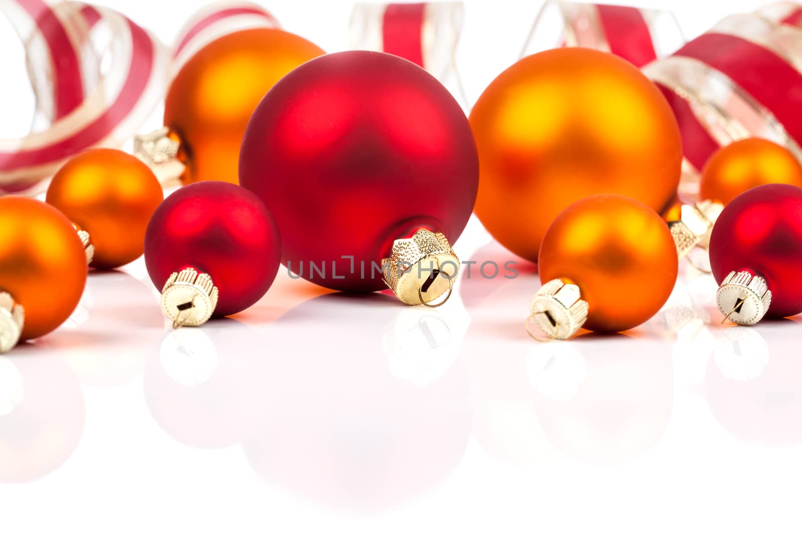 christmas balls with ribbon, isolated on white background with copy space