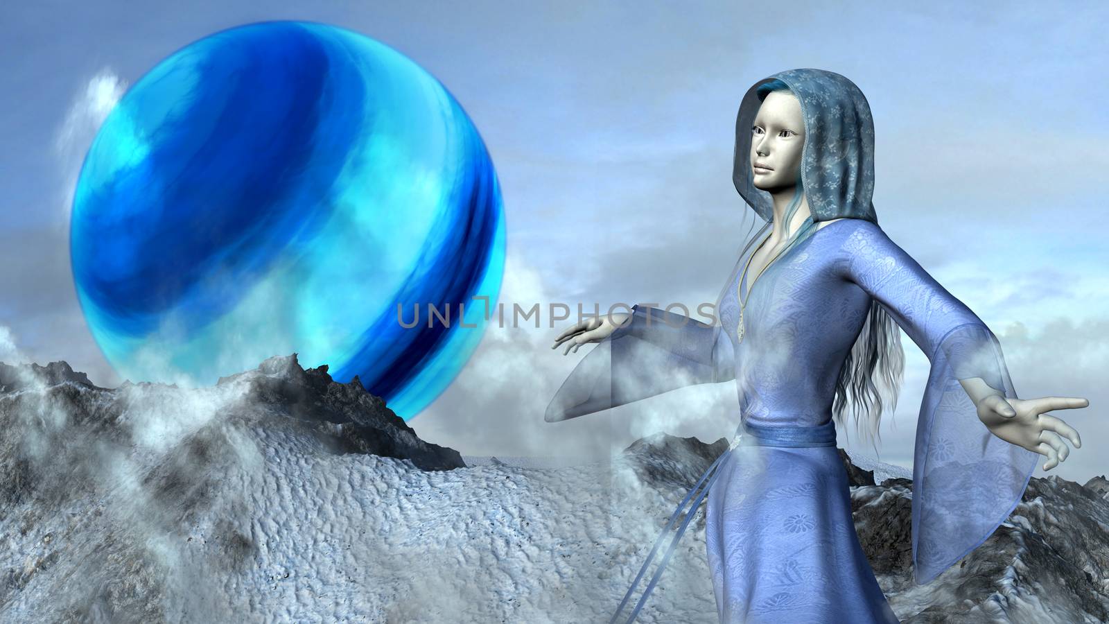 Fantasy princess elf in waving blue dress flying over the mountains with background of a big blue planet