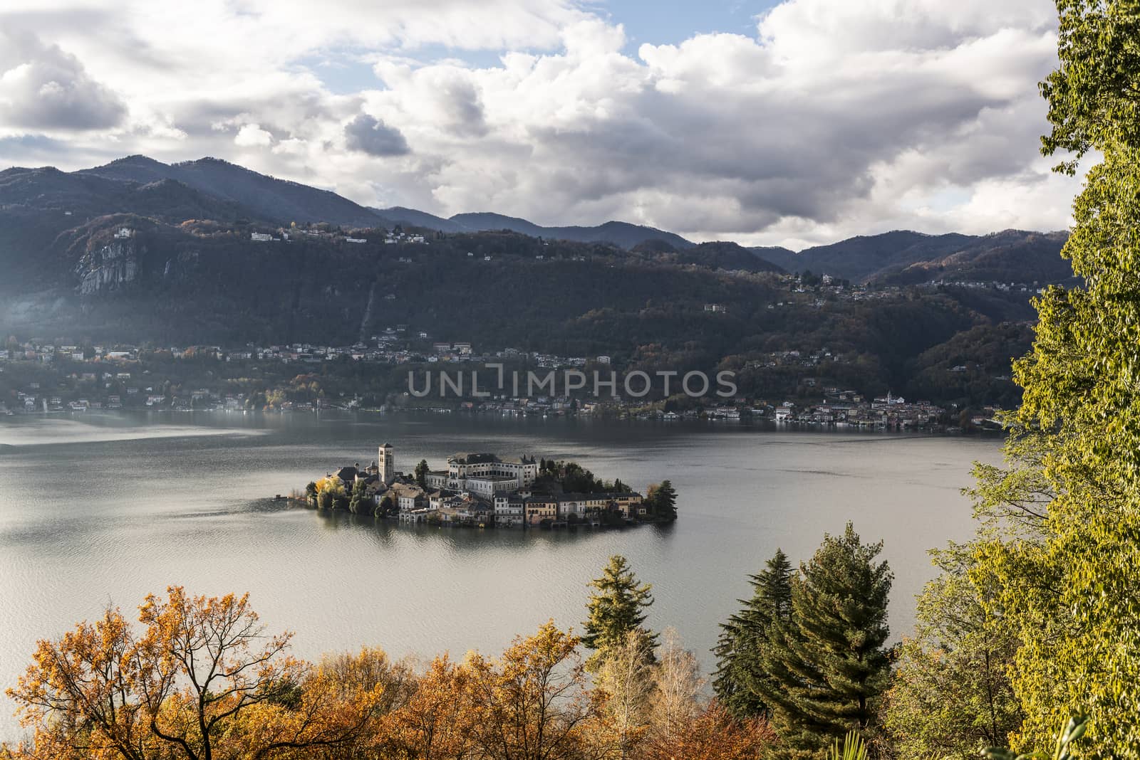 Island Orta St. Giulio in autumn season, Piedmont - Italy