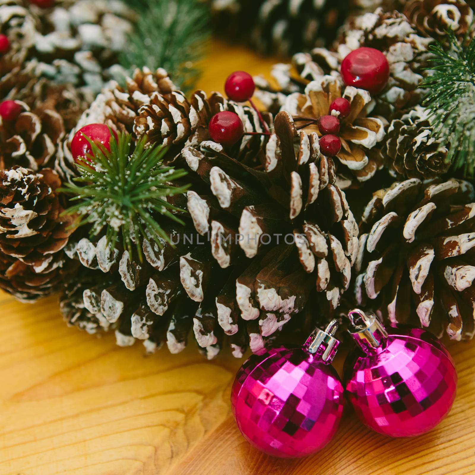 Christmas Decoration Over Wooden Background. Decorations over Wood. Vintage. Selective focus