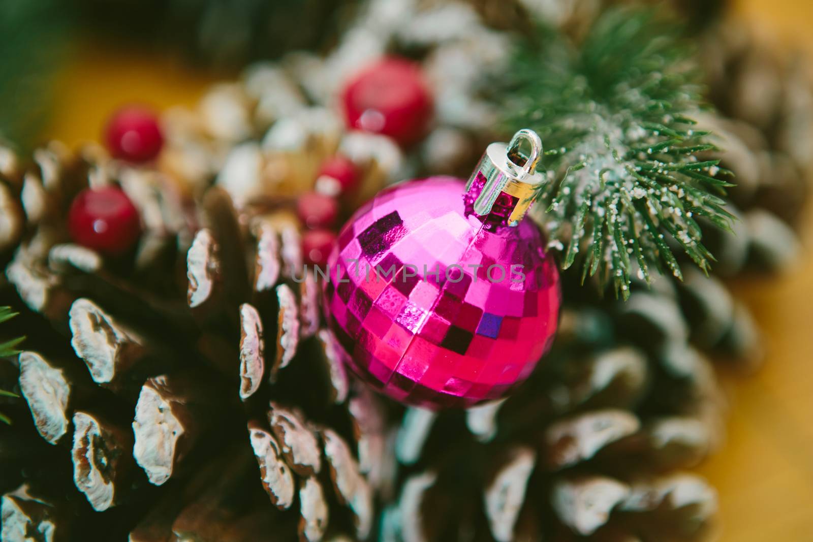 Christmas Decoration Over Wooden Background. Decorations over Wood. Vintage. Selective focus