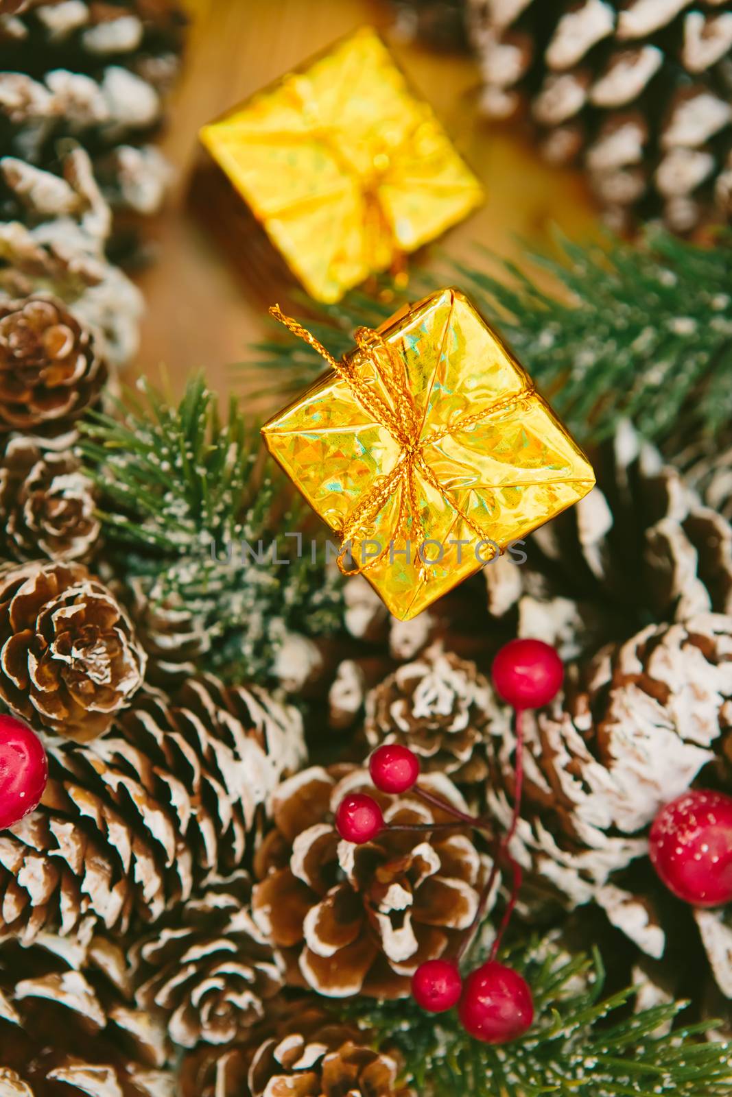 Christmas Decoration Over Wooden Background. Decorations over Wood. Vintage. Selective focus