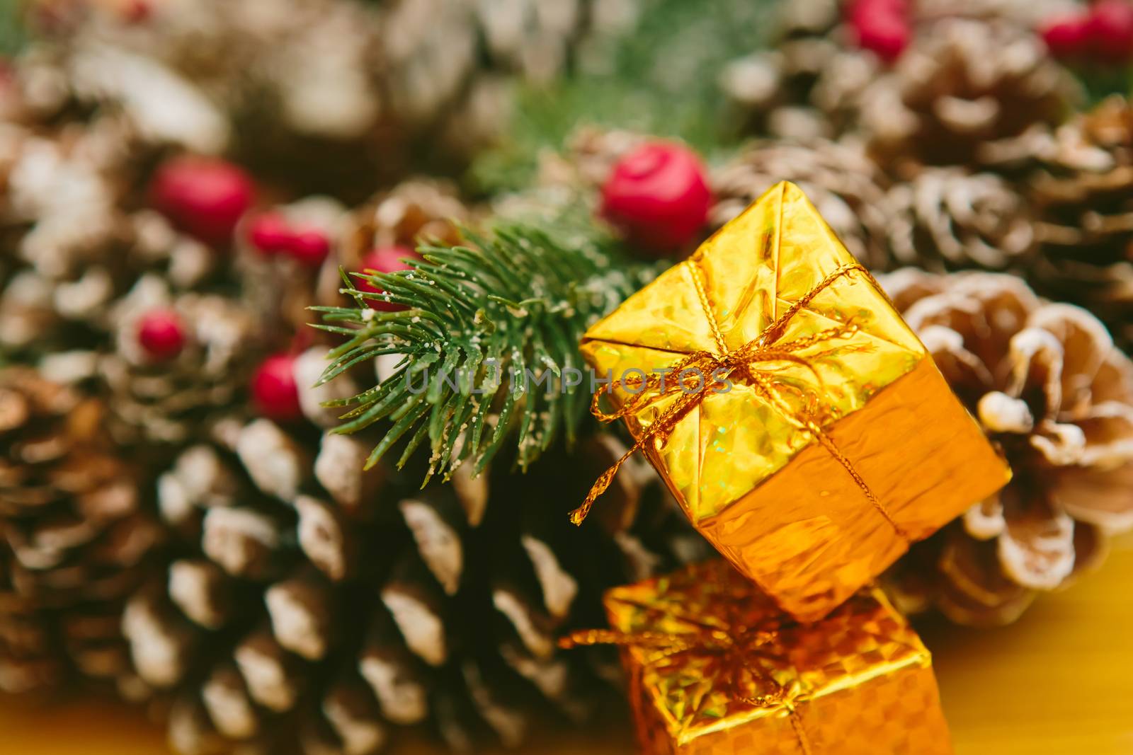 Christmas Decoration Over Wooden Background. Decorations over Wood. Vintage. Selective focus