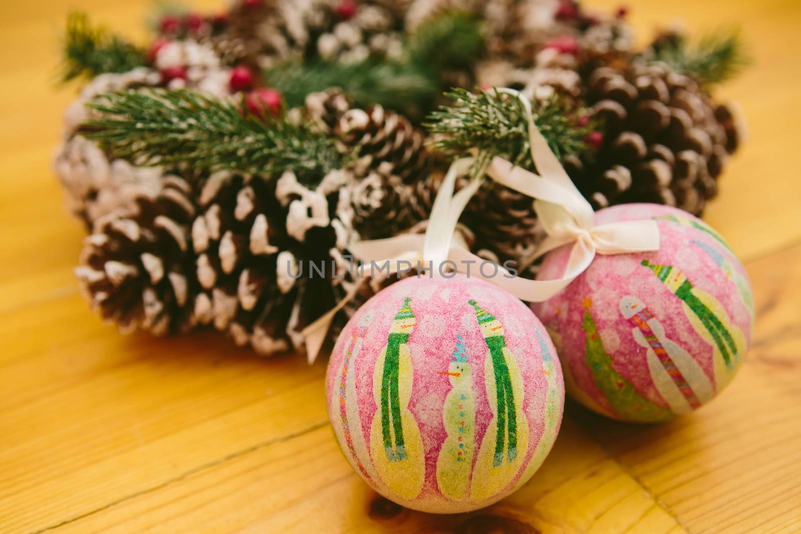 Christmas Decoration Over Wooden Background. Decorations over Wood. Vintage. Selective focus