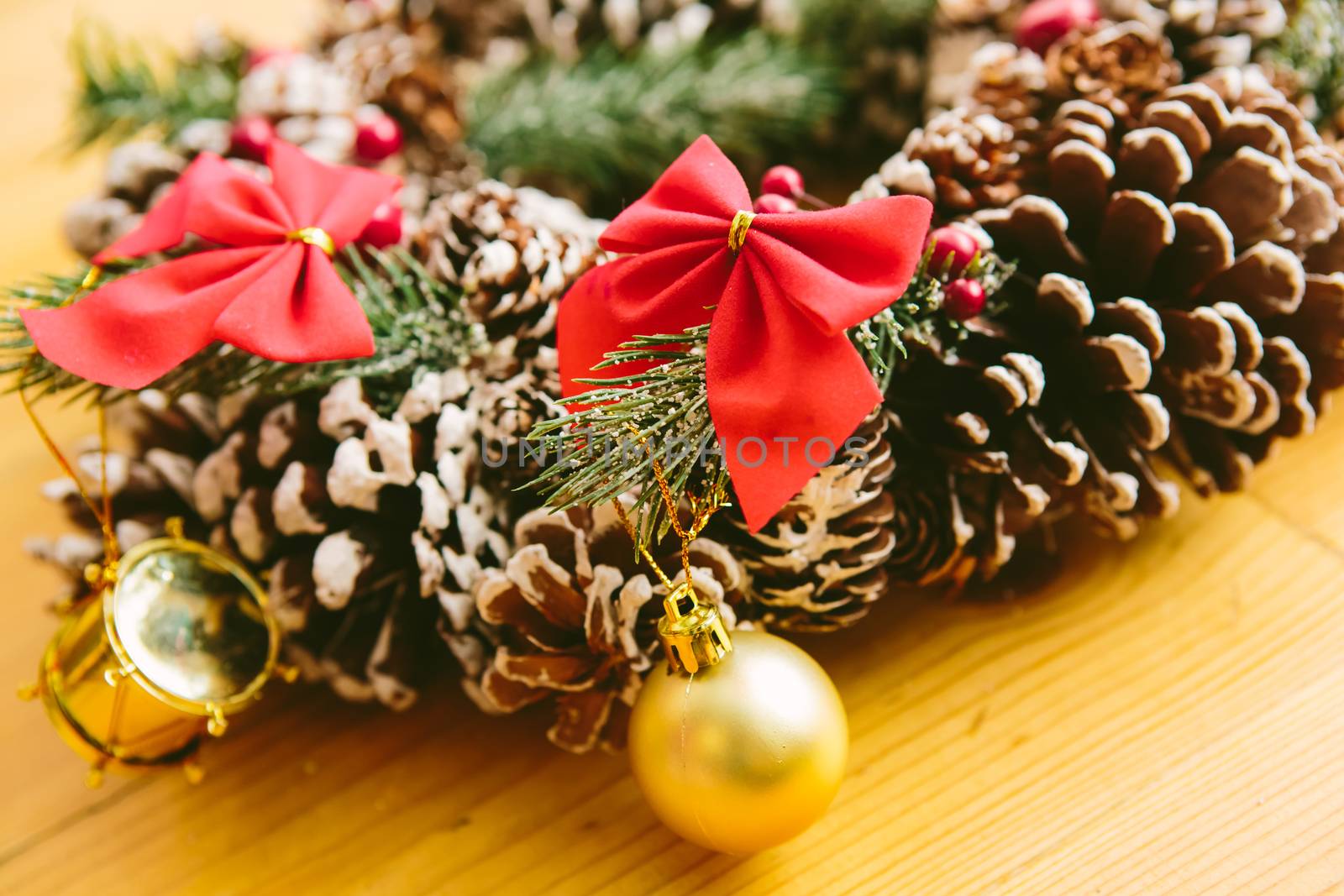 Christmas Decoration Over Wooden Background. Decorations over Wood. Vintage. Selective focus