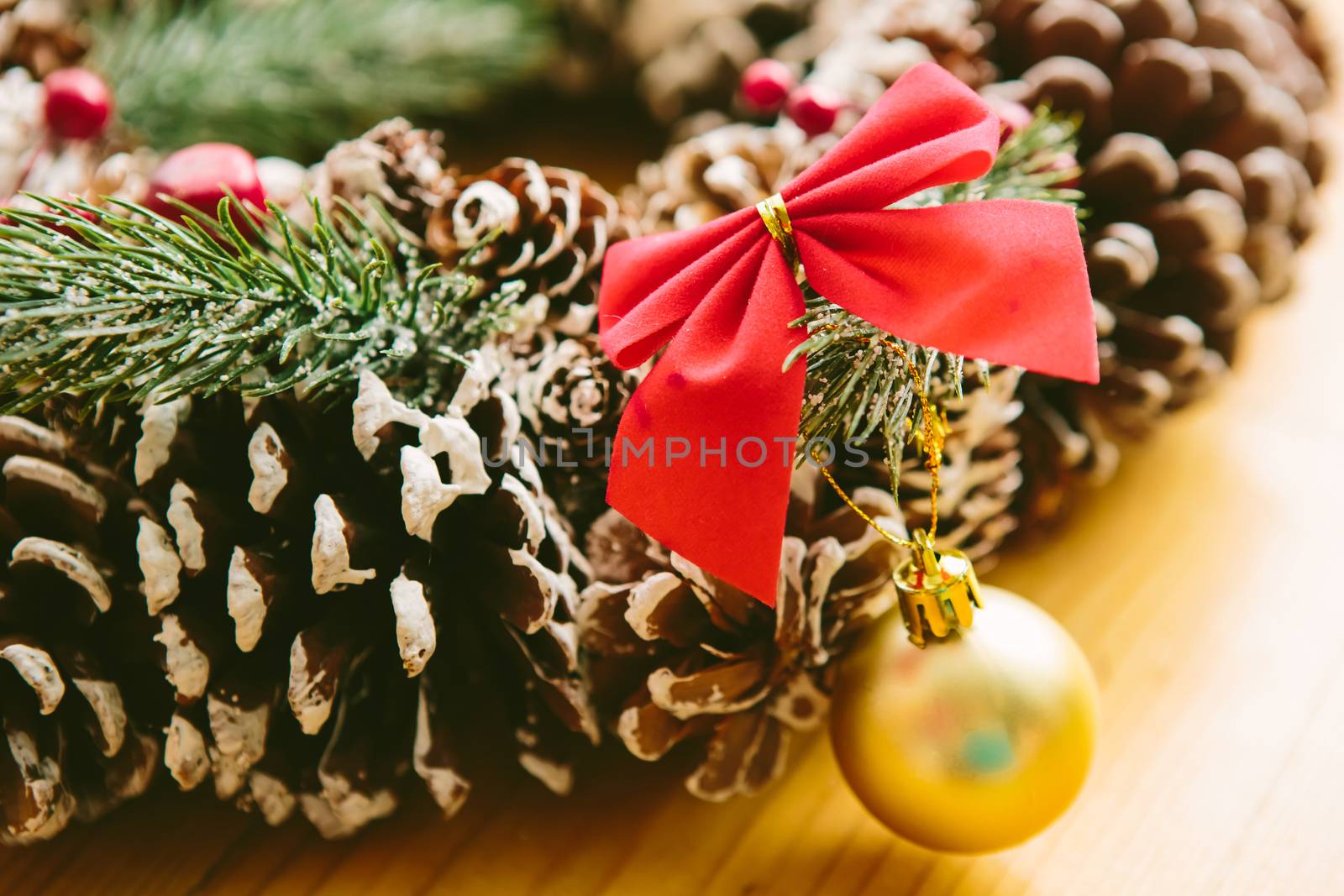 Christmas Decoration Over Wooden Background. Decorations over Wood. Vintage. Selective focus