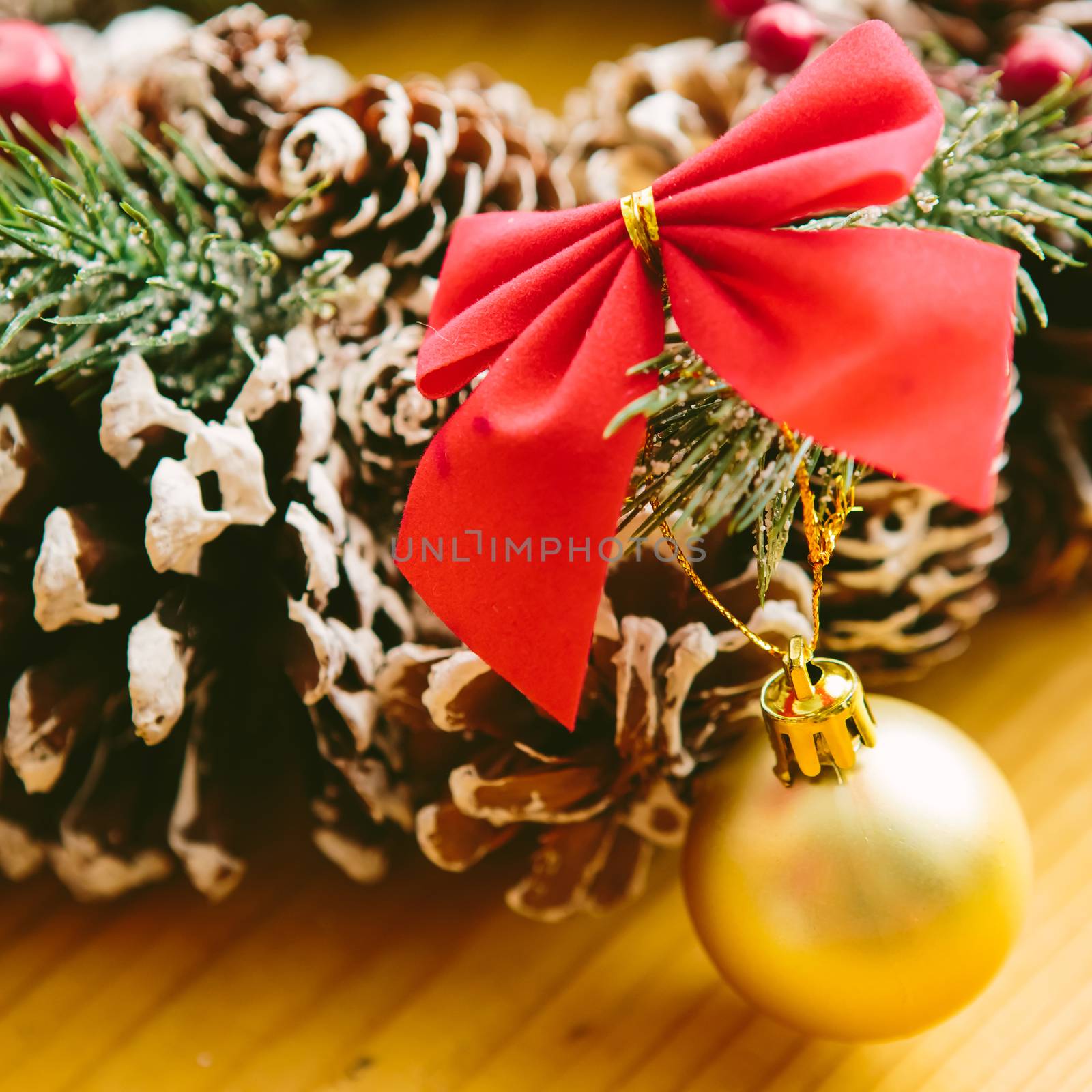 Christmas Decoration Over Wooden Background. Decorations over Wood. Vintage. Selective focus