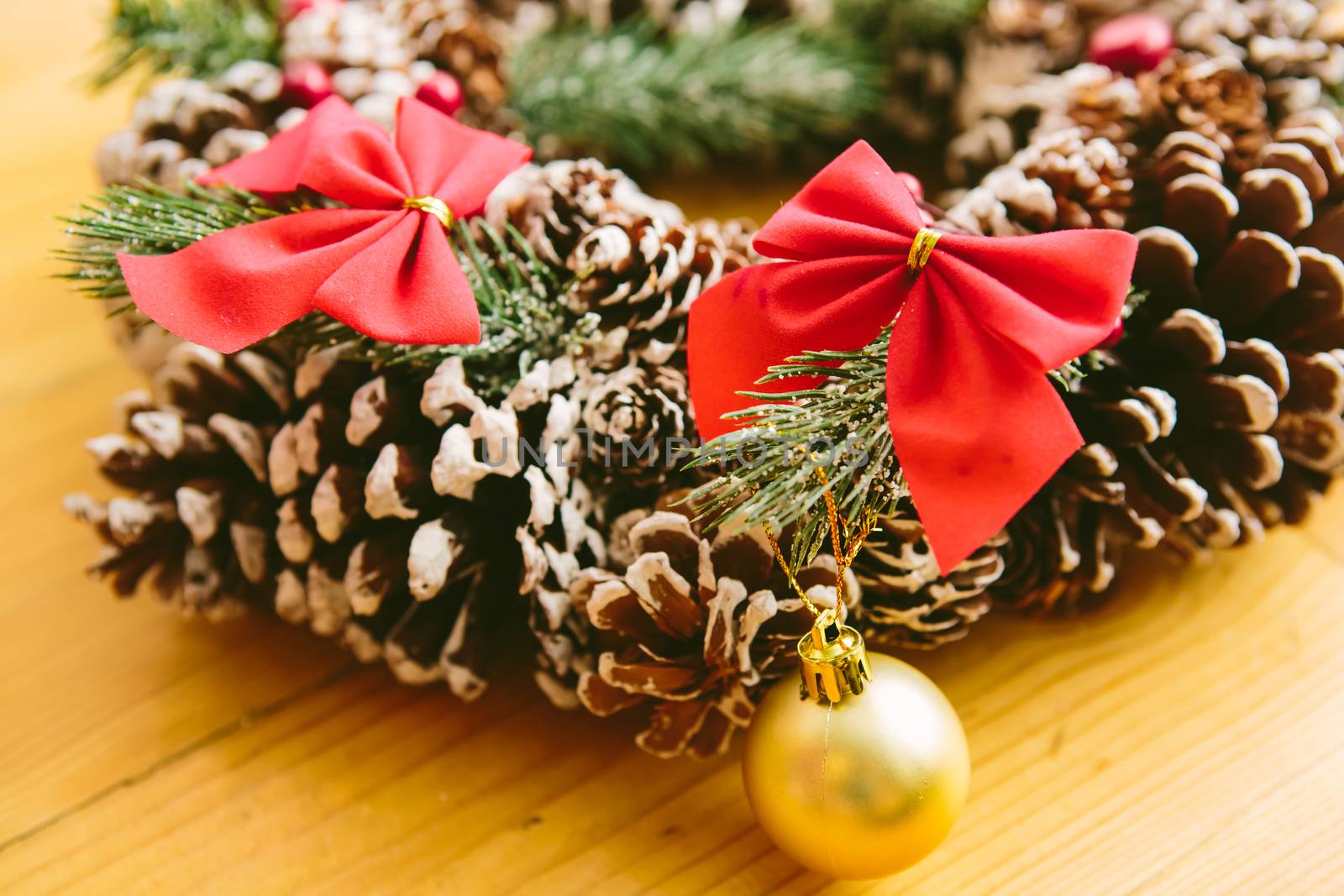 Christmas Decoration Over Wooden Background. Decorations over Wood. Vintage. Selective focus