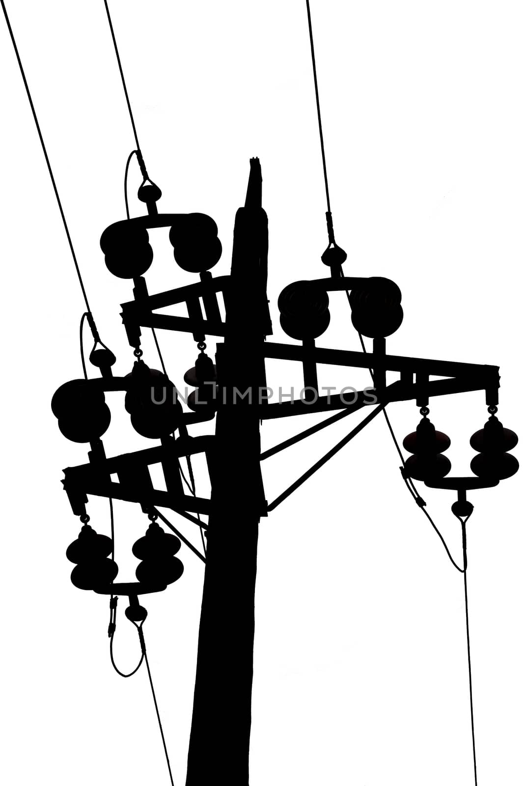 Old electric pole isolated on white