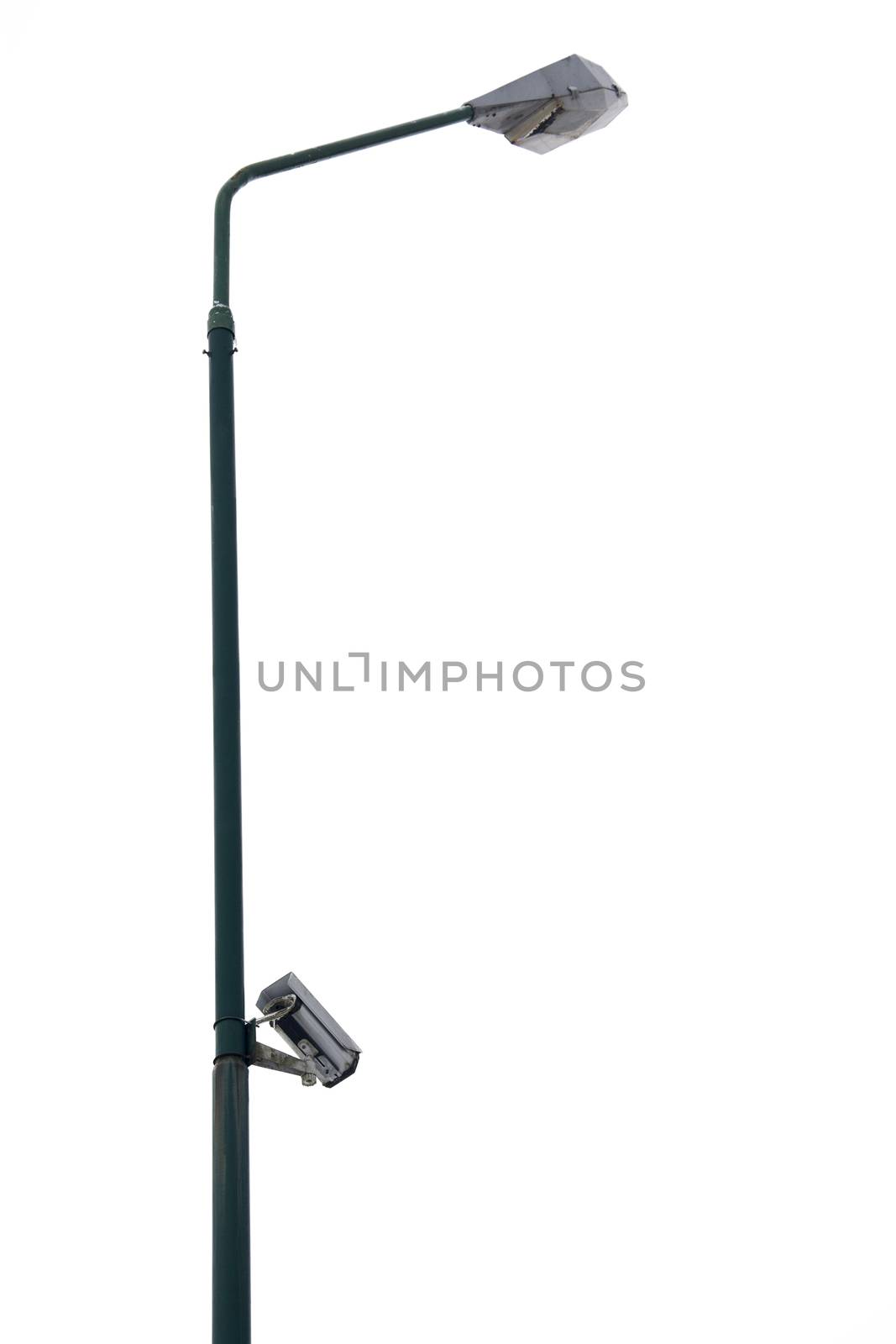 Security Surveillance Camera recording video of surrounding area isolated on white.