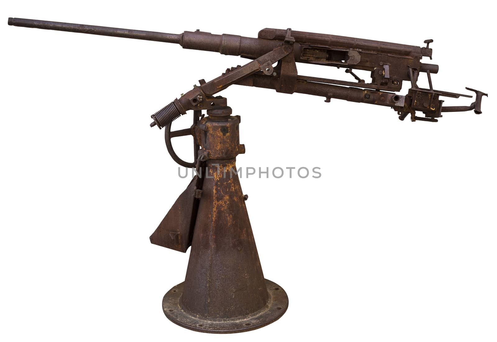 Rusty machine gun, on a white background.