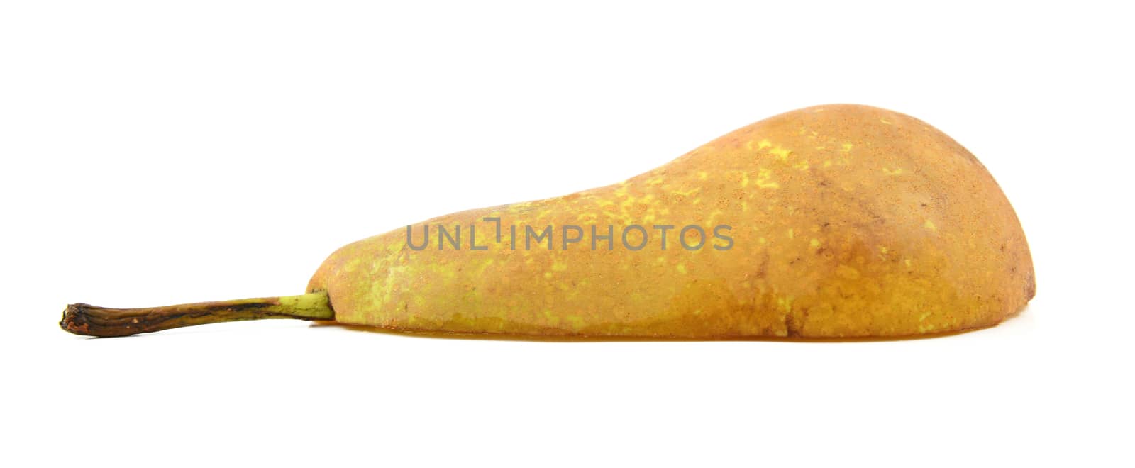 Half a Conference pear, lying flat, isolated on a white background