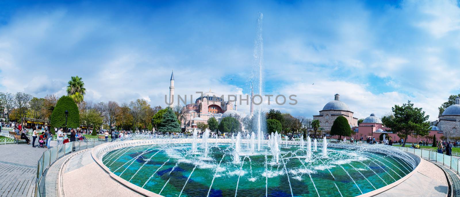 Wonderful view of Sultanahmet Square Fountain with Hagia Sophia on background - Istanbul, Turkey.