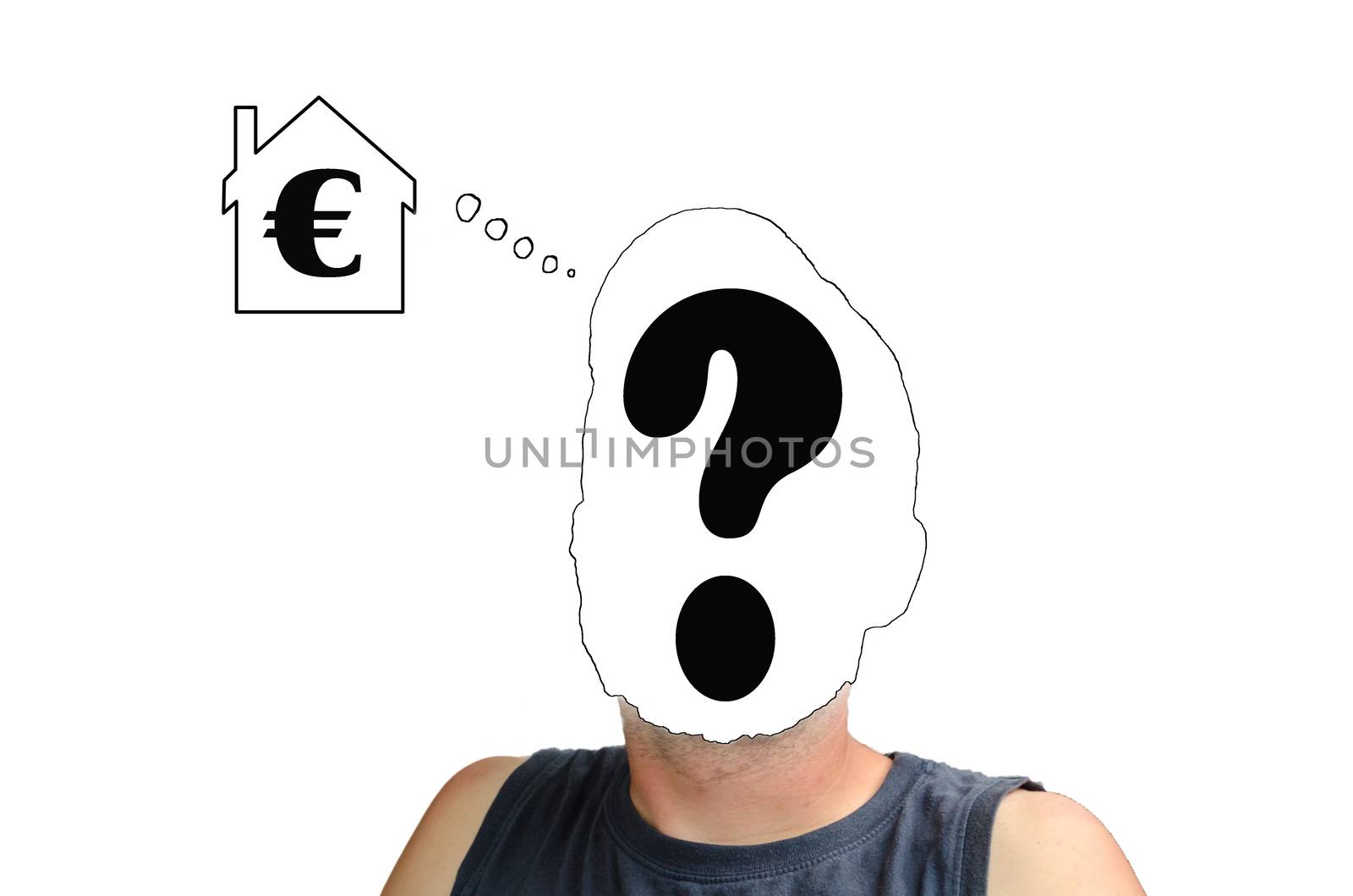 Adolescents faceless person with question marks.
Immbobilienkauf yes or no.
