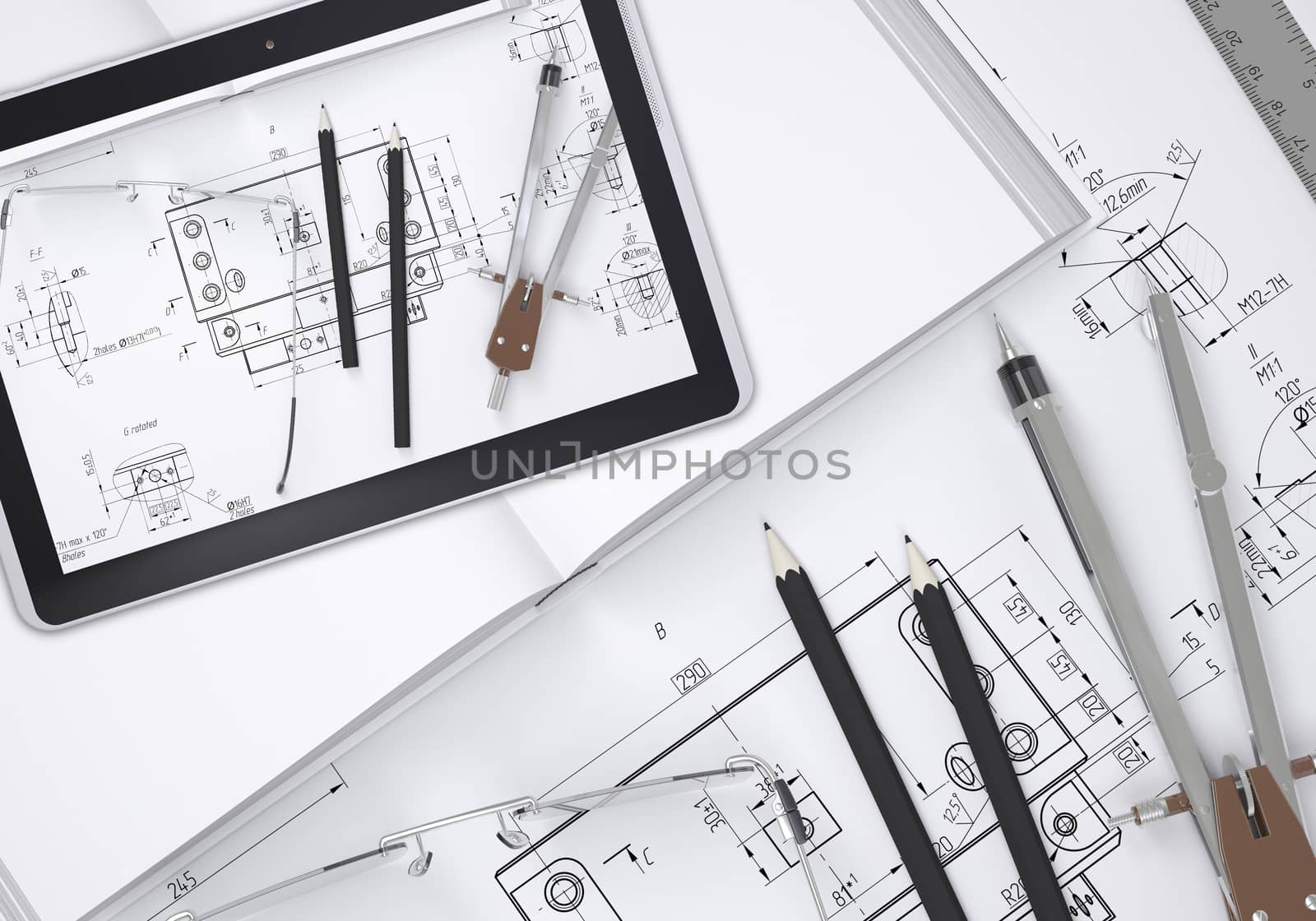 Tablet pc lying on open enpty book and engineering drawings. Tools are close by. Industrial concept