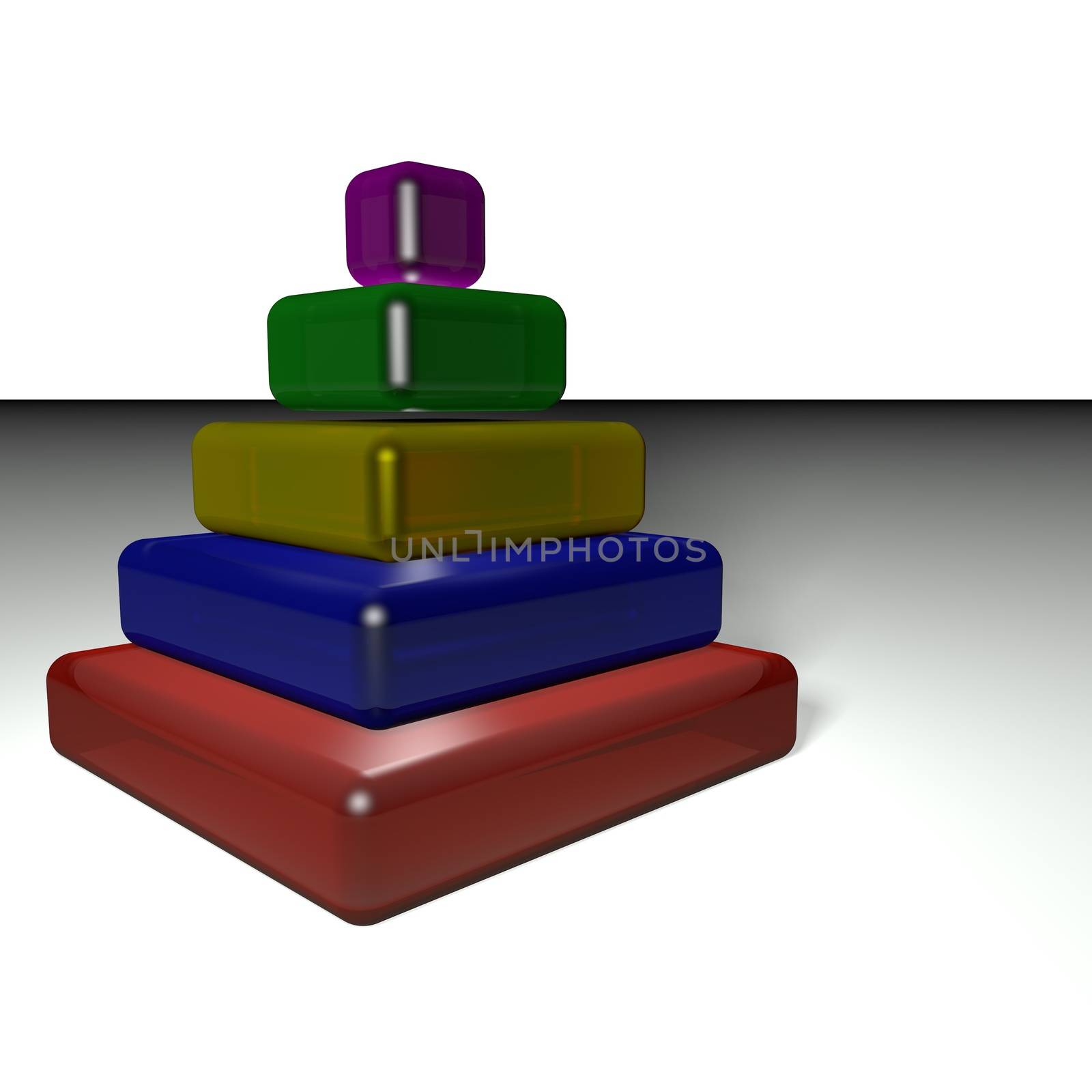 Pyramid of five different colors, 3d render