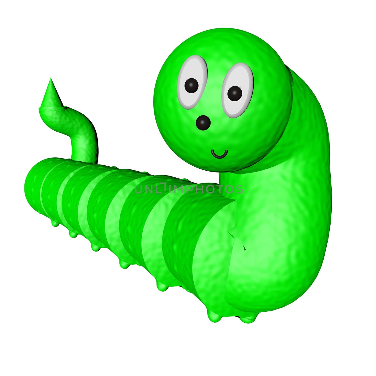 Smiling toony green caterpillar, isolated over white, 3d render