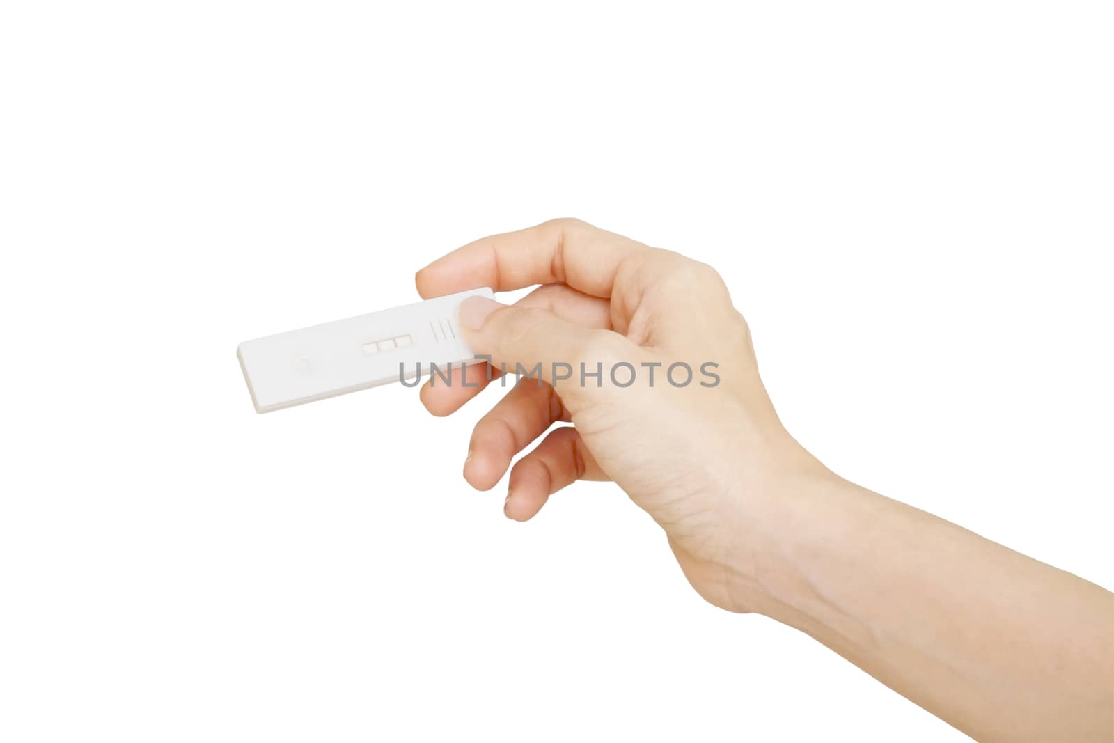 woman hand holding a positive pregnancy test isolate on white background
