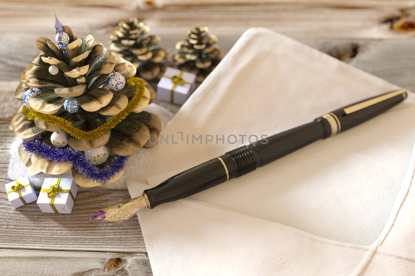 Christmas cone with gifts,pen and letter greetings holiday concept by denisgo