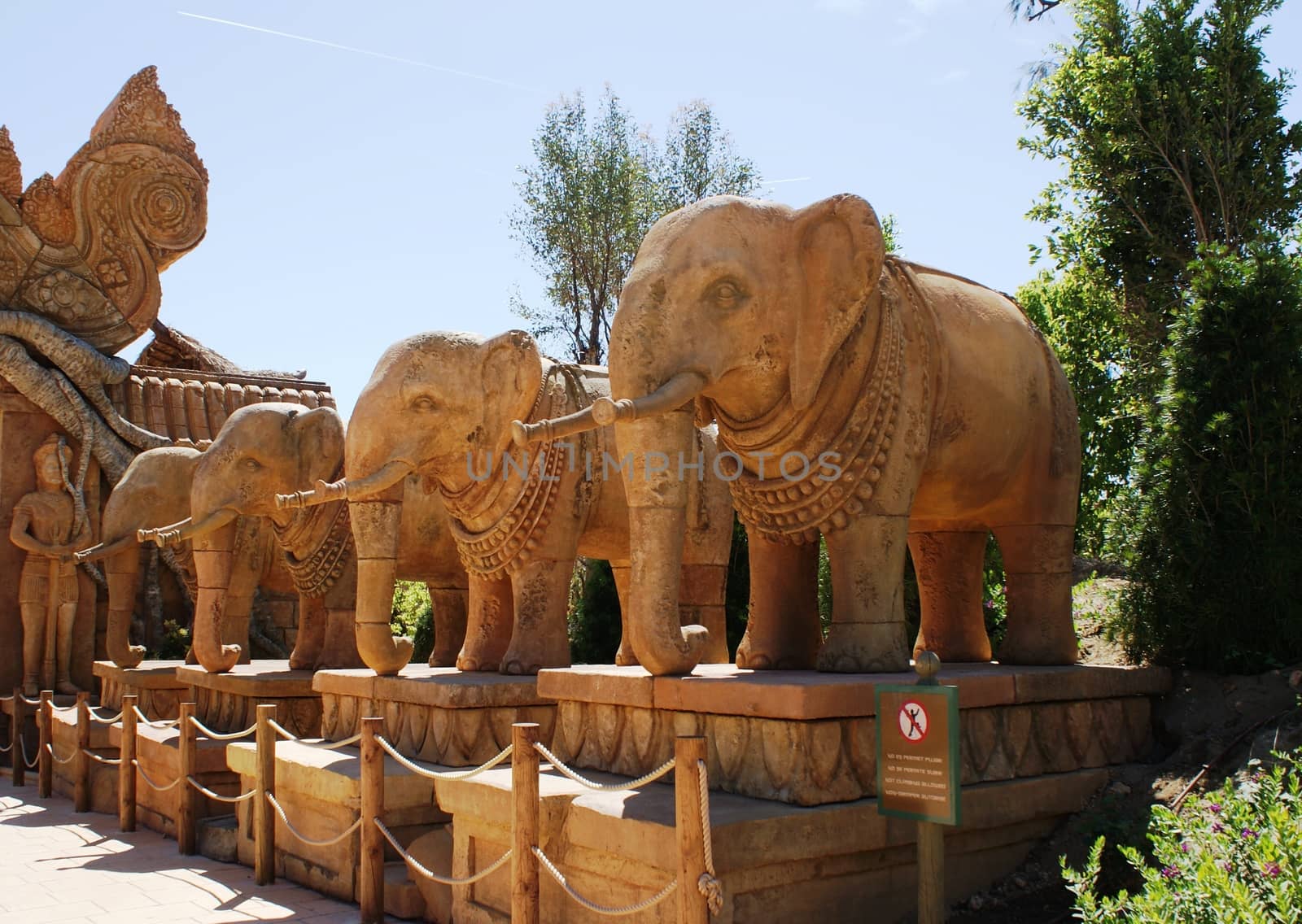 Stone elephants, sculptures in park Port Aventura