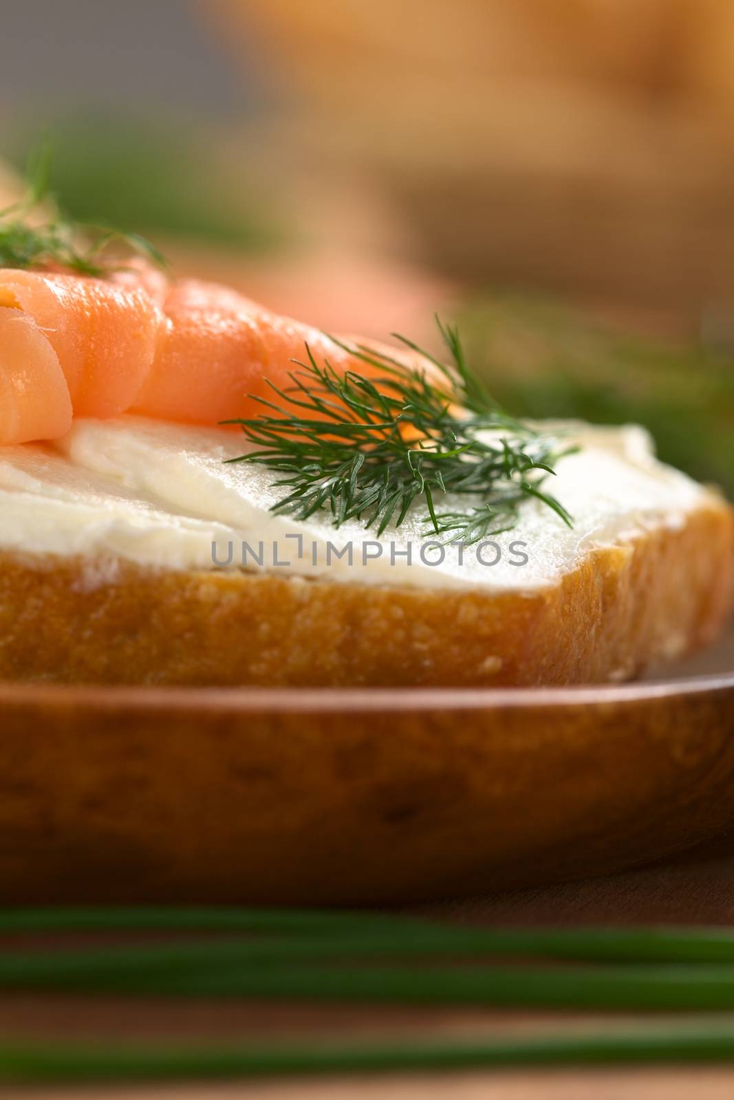 Canape of smoked salmon and cream cheese on wholewheat bun garnished with dill (Selective Focus, Focus on the front of the dill)