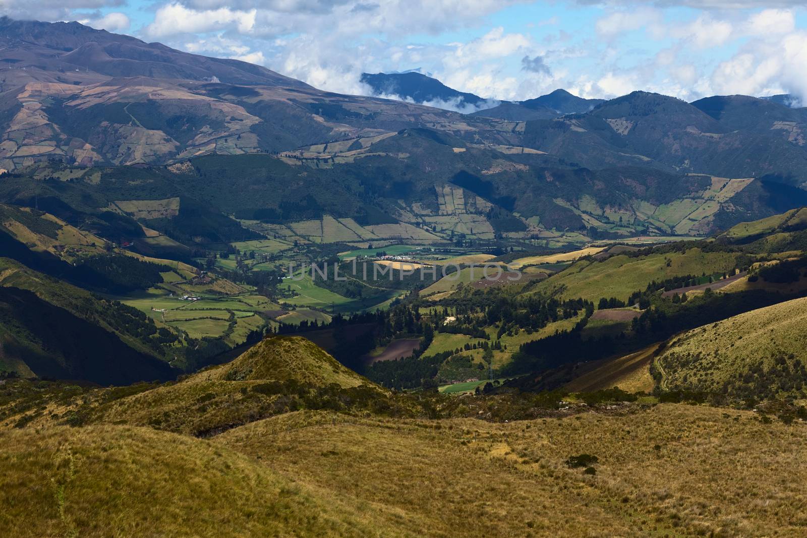 View to the South from the Cruz Loma lookout close to the TeleferiQo cable car station on the Pichincha mountain in Quito, Ecuador