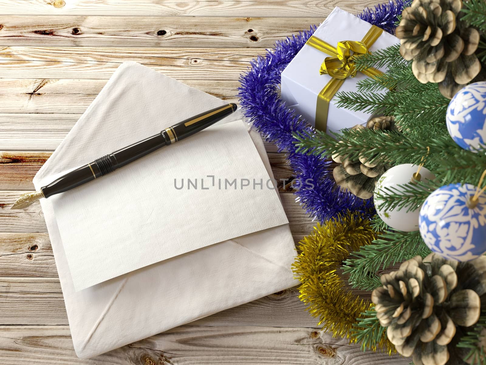 Christmas tree with gifts,pen and letter greetings holiday concept