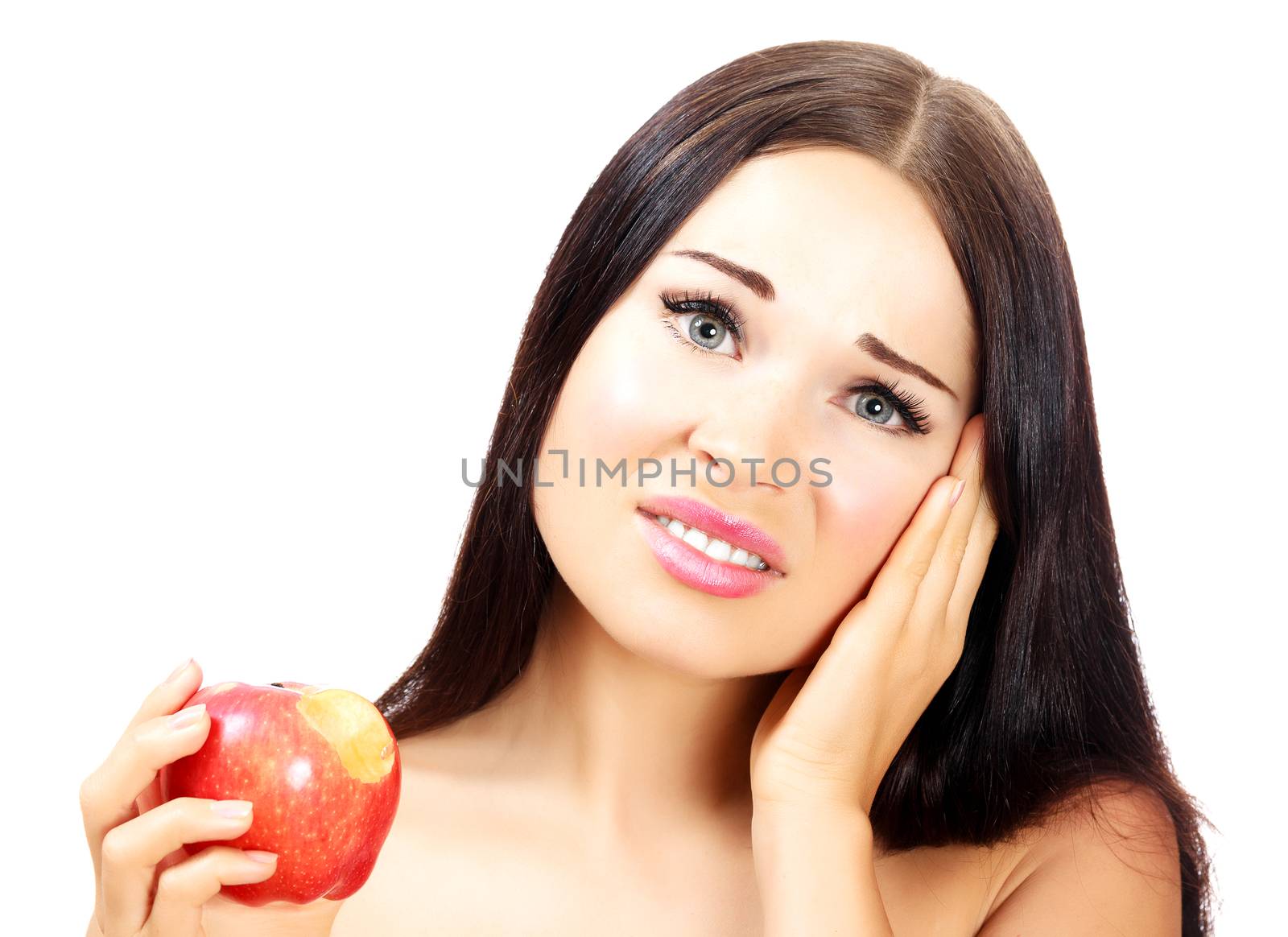 Young woman with a toothpain, white background, copyspace