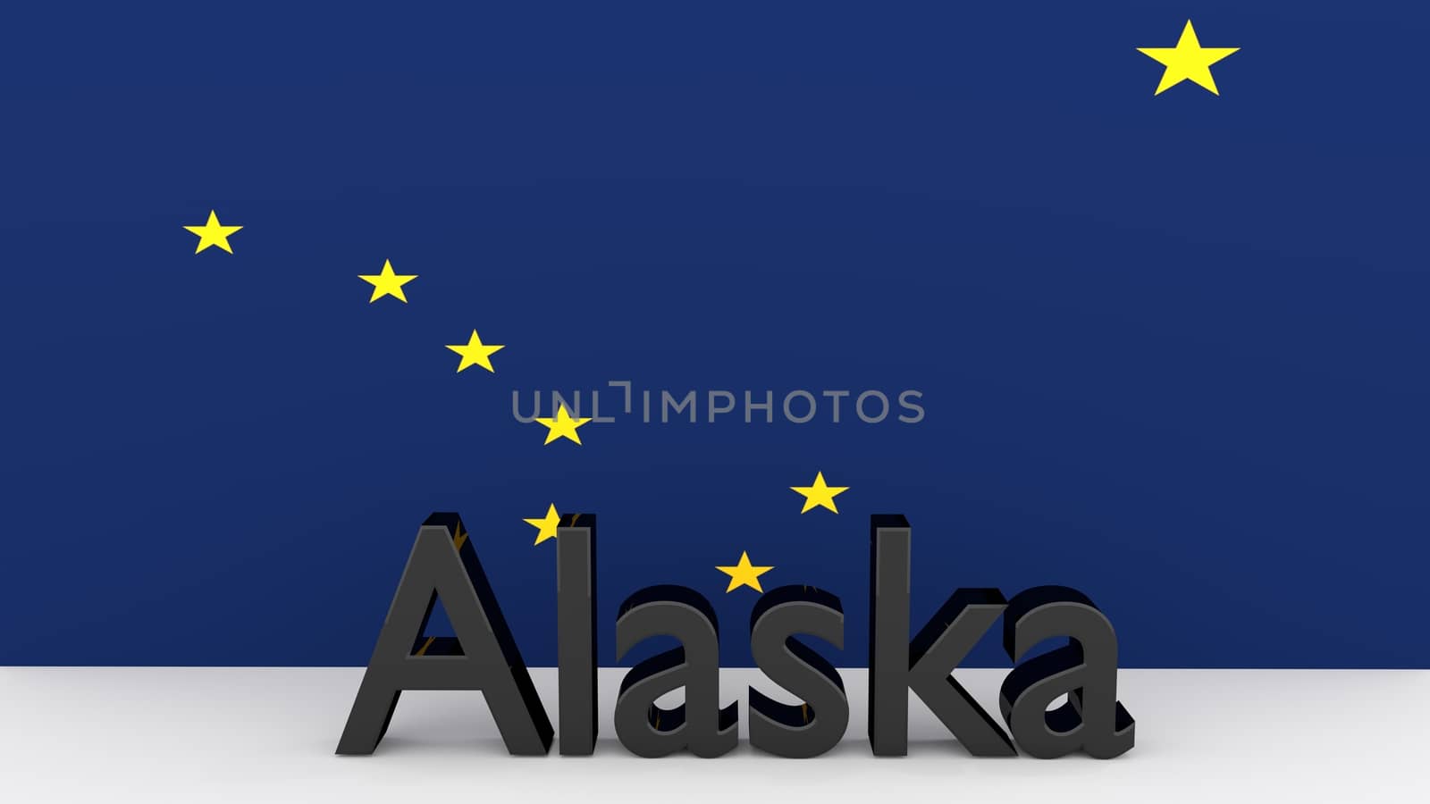Writing with the name of the US state Alaska made of dark metal  in front of state flag