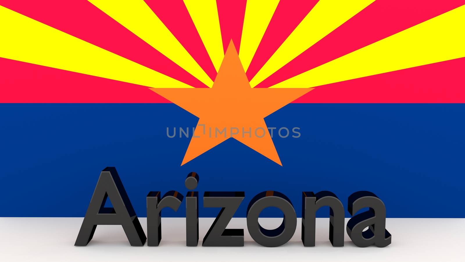 Writing with the name of the US state Arizona made of dark metal  in front of state flag