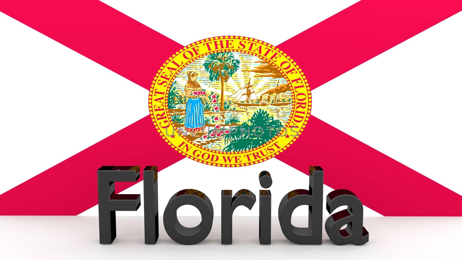 Writing with the name of the US state Florida made of dark metal  in front of state flag