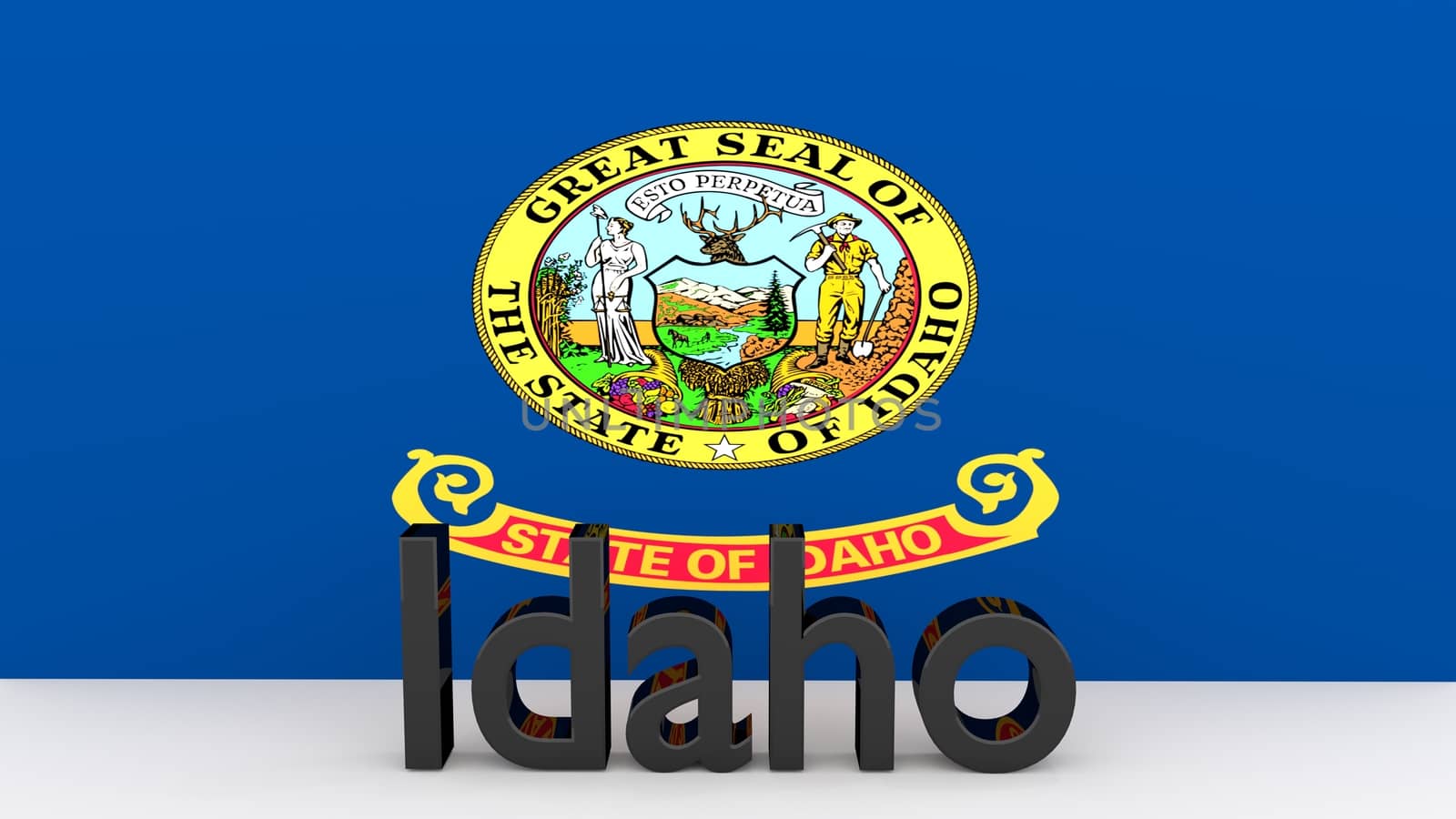 Writing with the name of the US state Idaho made of dark metal  in front of state flag