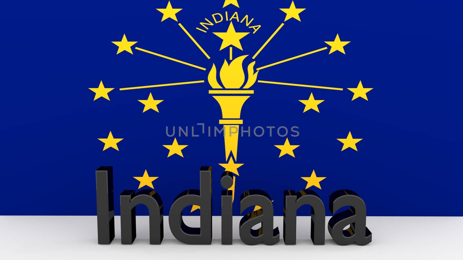 Writing with the name of the US state Indiana made of dark metal  in front of state flag