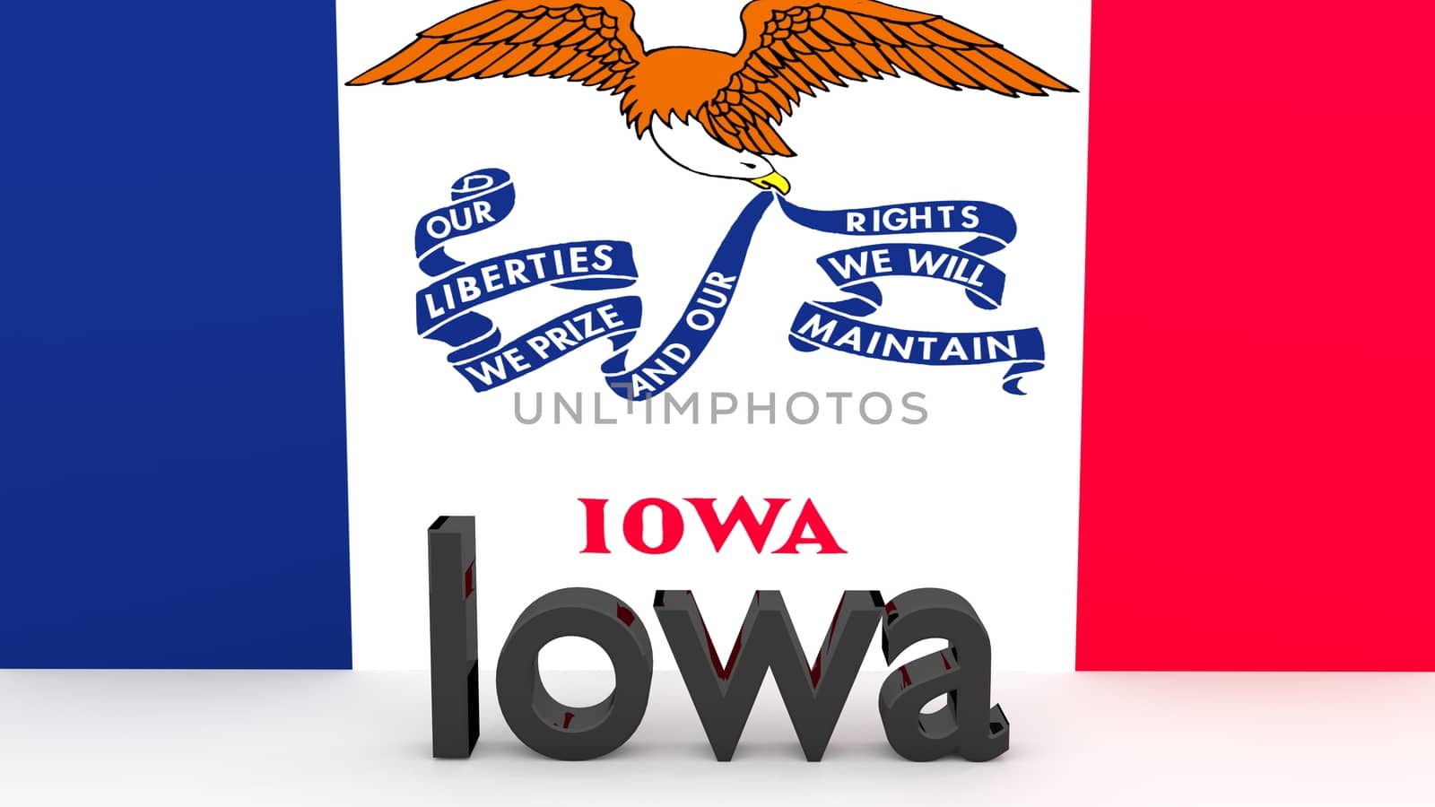 Writing with the name of the US state Iowa made of dark metal  in front of state flag