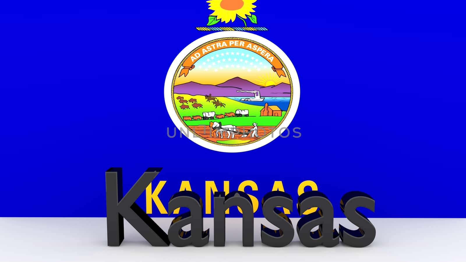 Writing with the name of the US state Kansas made of dark metal  in front of state flag