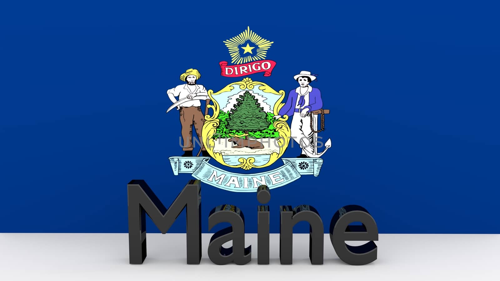 US state Maine, metal name in front of flag by MarkDw