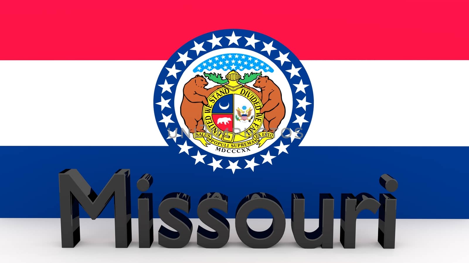 US state Missouri, metal name in front of flag by MarkDw