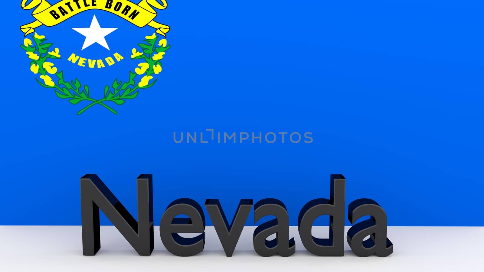 Writing with the name of the US state Nevada made of dark metal  in front of state flag