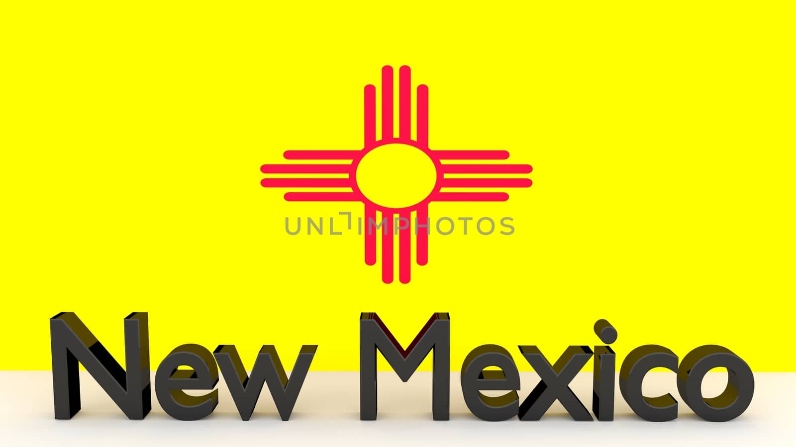 Writing with the name of the US state New Mexico made of dark metal  in front of state flag