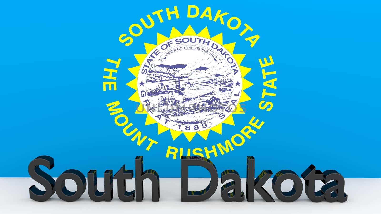 Writing with the name of the US state South Dakota made of dark metal  in front of state flag
