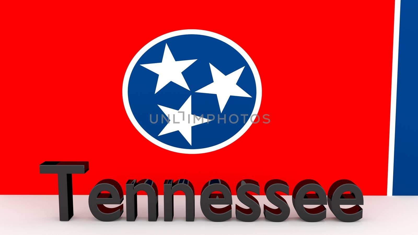 Writing with the name of the US state Tennessee made of dark metal  in front of state flag