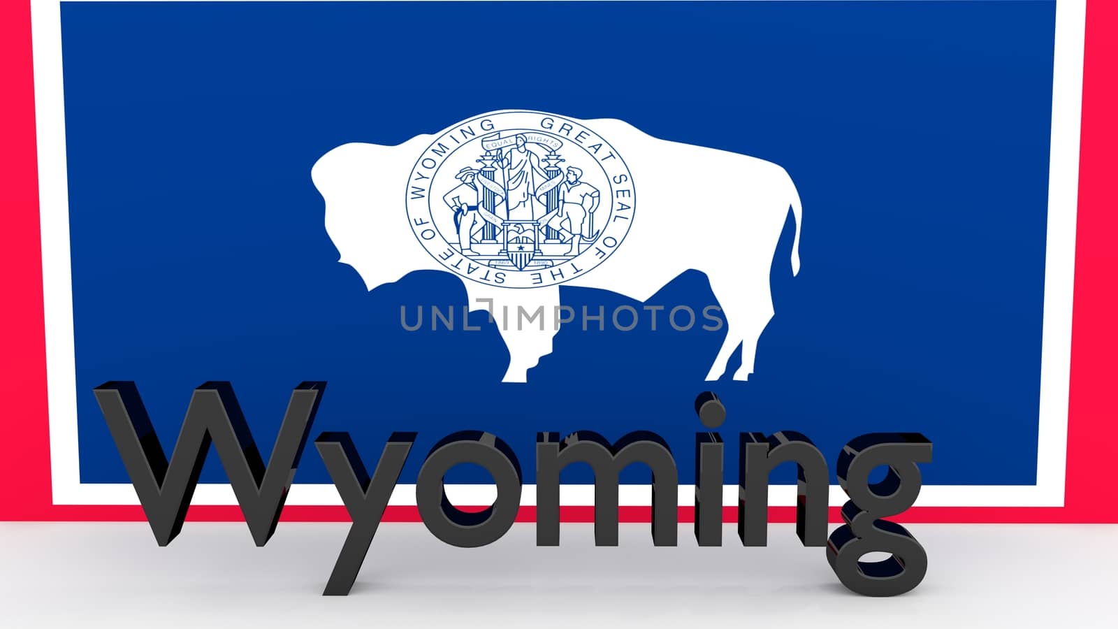 Writing with the name of the US state Wyoming made of dark metal  in front of state flag