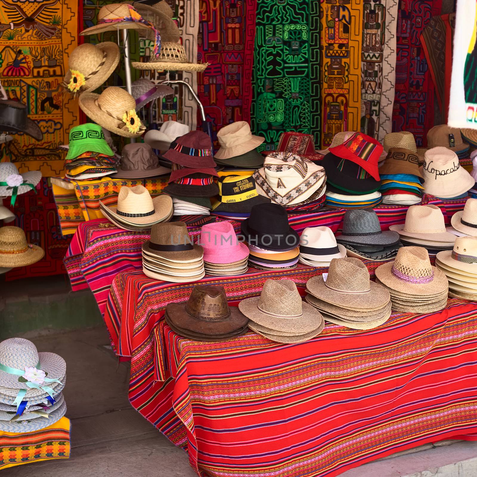 COPACABANA, BOLIVIA - OCTOBER 19, 2014: Big variety of hats outside a souvenir and handicraft shop in the small tourist town on the shore of Lake Titicaca on October 19, 2014 in Copacabana, Bolivia.  