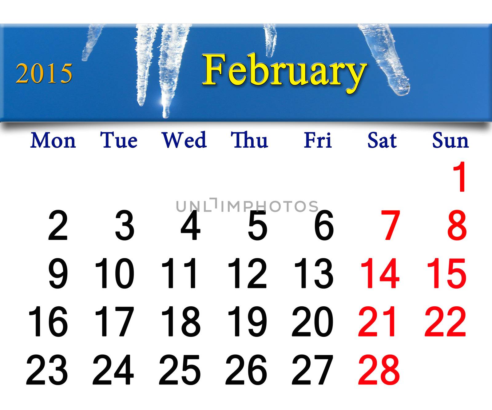 calendar for the Fabruary of 2015 on the background of icicles