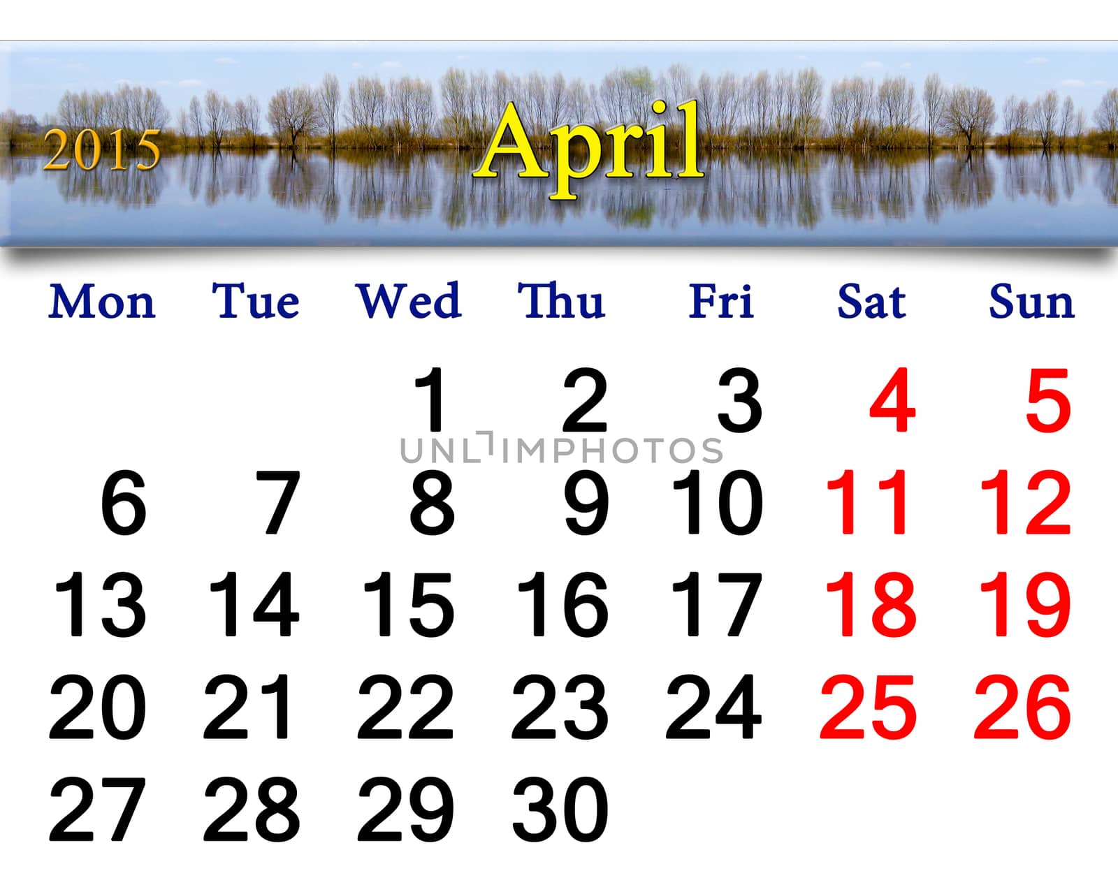 calendar for April of 2015 year on the background of spring flood