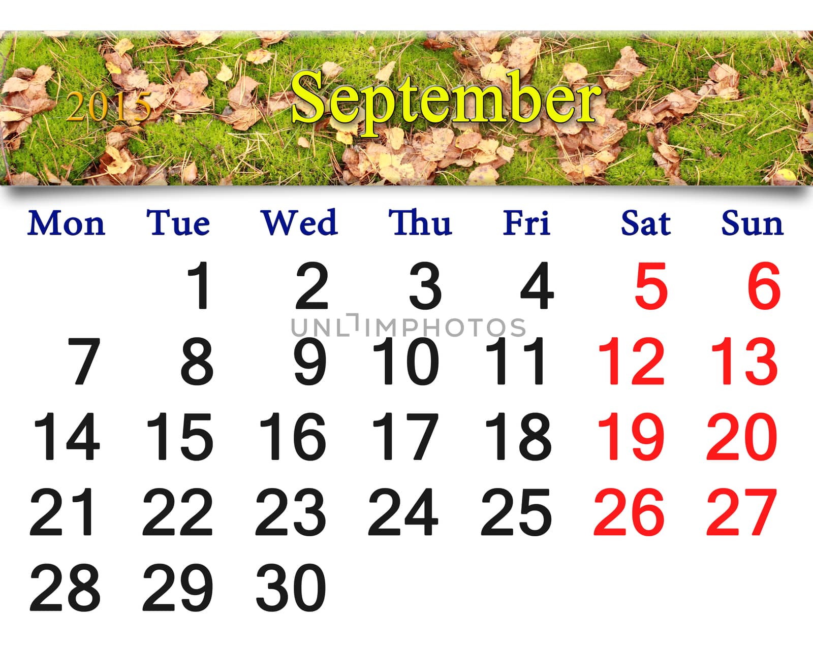 calendar for September of 2015 with the moss and leaves by alexmak